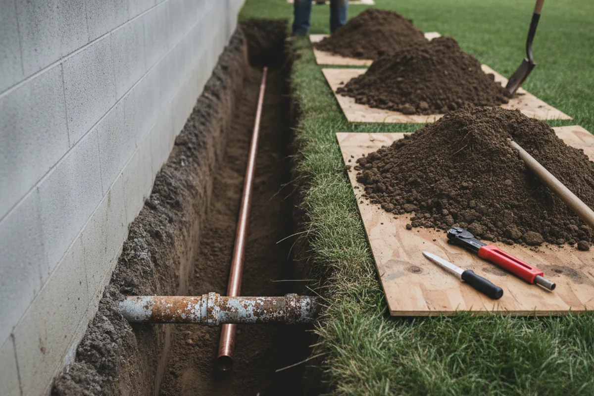Excavated water line trench during Sewer Line Repair in Wales